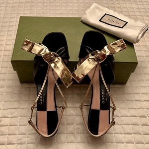 Gucci Authentic Black/Gold Leather Sandals heels 38.5